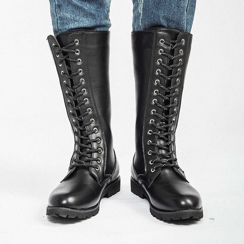 

Spring and Autumn New Motorcycle Men's High Boots Lace Up Martin Boots Men's Boots Cowboy Riding Boots Men Black Combat Boots