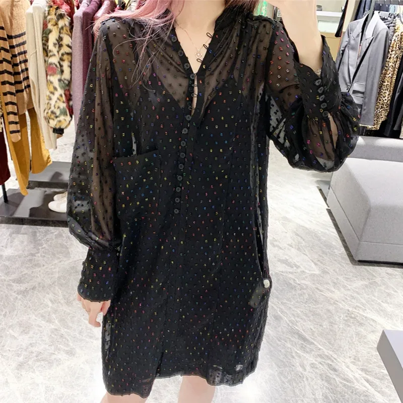 

Women Two-Piece Set Mini Dress Lady Colorful Dots Long Sleeve Buttons Female Loose Short Robes with Single Pocket 2021 New