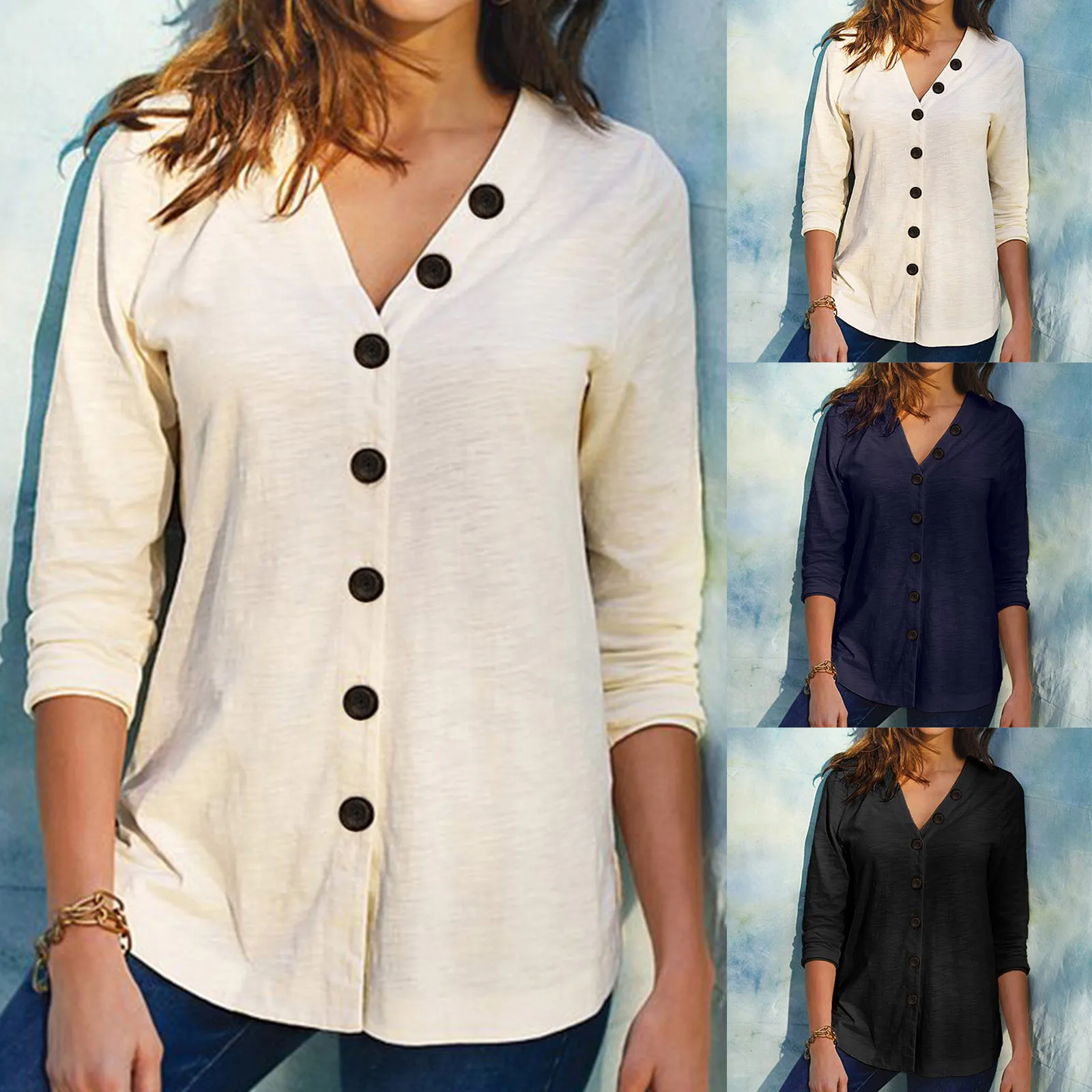 

Женская рубашка-блузка с длинным рукавом, Однотонная рубашка с V-образным вырезом, Повседневный Кардиган, свободный крой, топ, осенний карди...