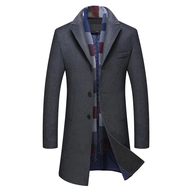 

Тренчкот мужской шерстяной, однобортное пальто, Толстая шерстяная куртка, средней длины, теплая верхняя одежда без шарфа, зима