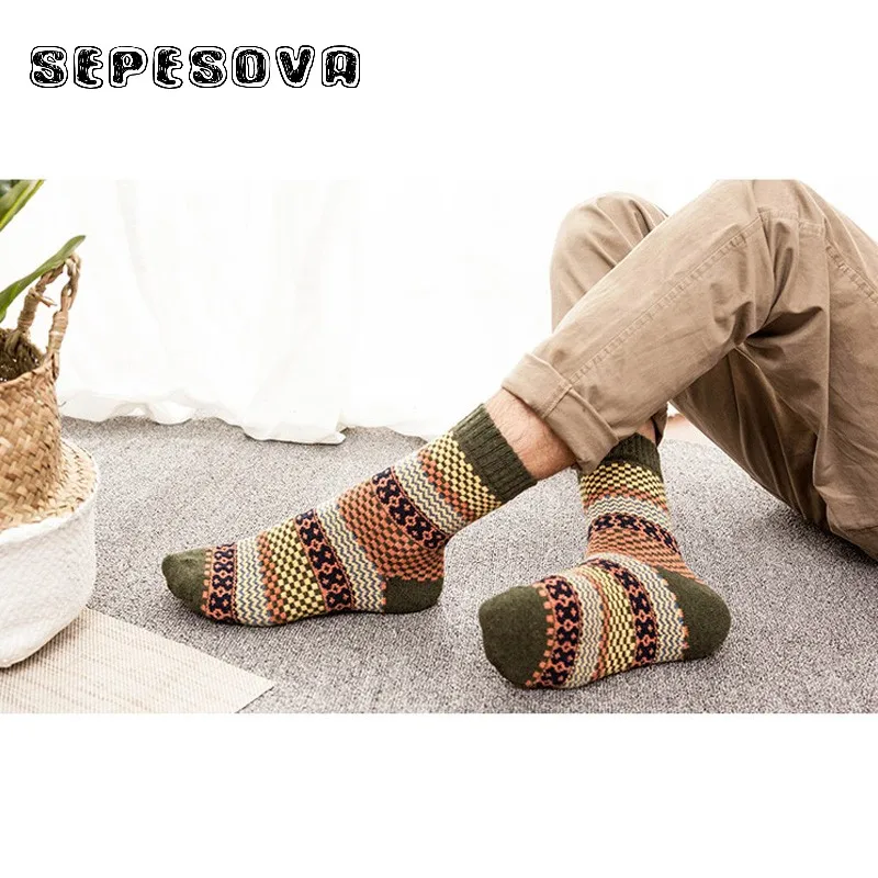 

New Fashion Men Vintage Ethnic Thick Winter Warm Long Socks Checked Striped Geometric Ribbed sock High Quality Woolen Casual sox