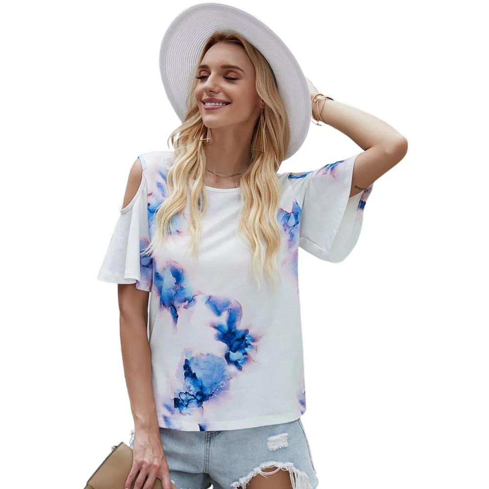 

2021 Trend Summer Top Mujer Tie-dyed Graphic Tee Vintage Loose Waist Woman Tshirts Feminina Folds Short Sleeve Shirts for Women