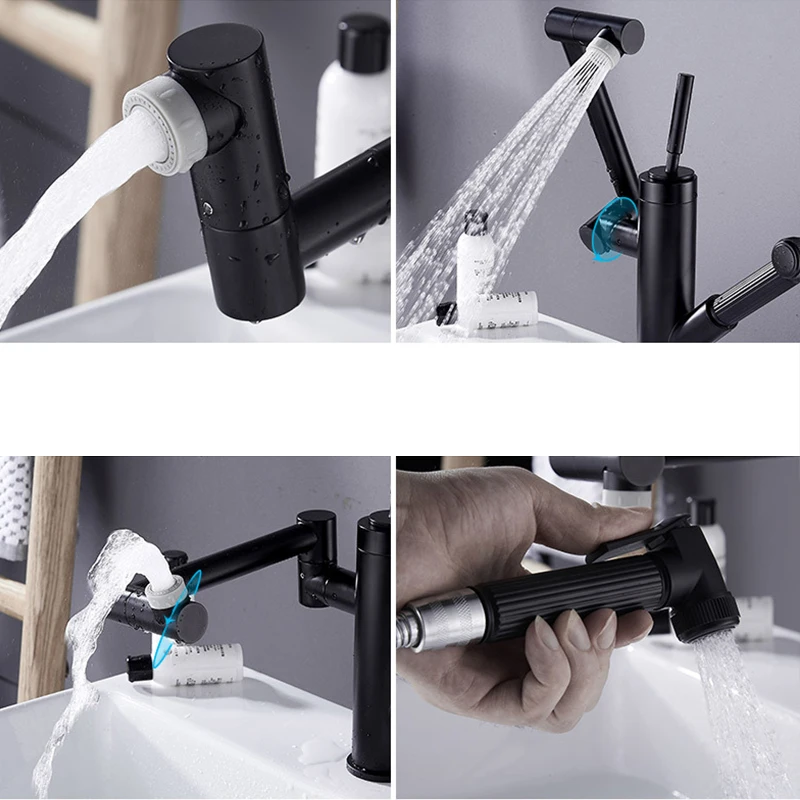 Черный выдвижной смеситель для раковины настенный кран ванной комнаты с