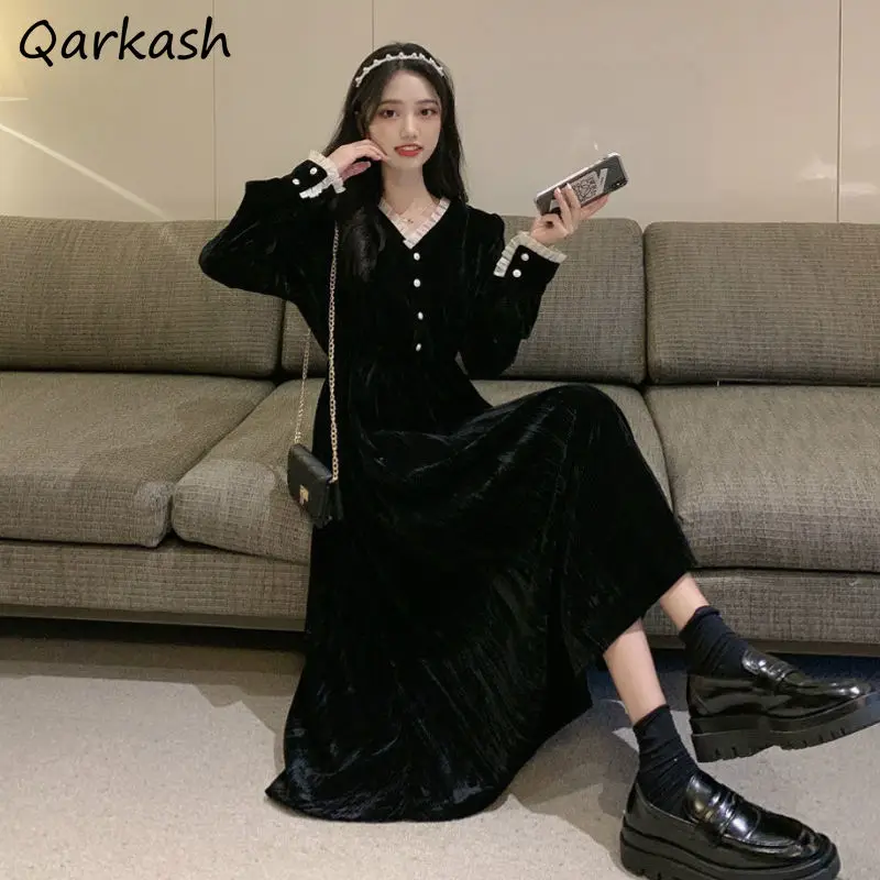 Платье женское плюшевое элегантное черное универсальное дизайнерское