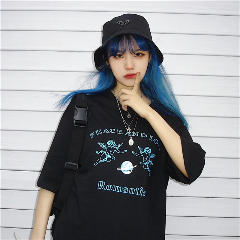 Lychee Harajuku, женские футболки с круглым вырезом и коротким рукавом, черная Свободная Женская летняя футболка с надписью Angel, женская футболка