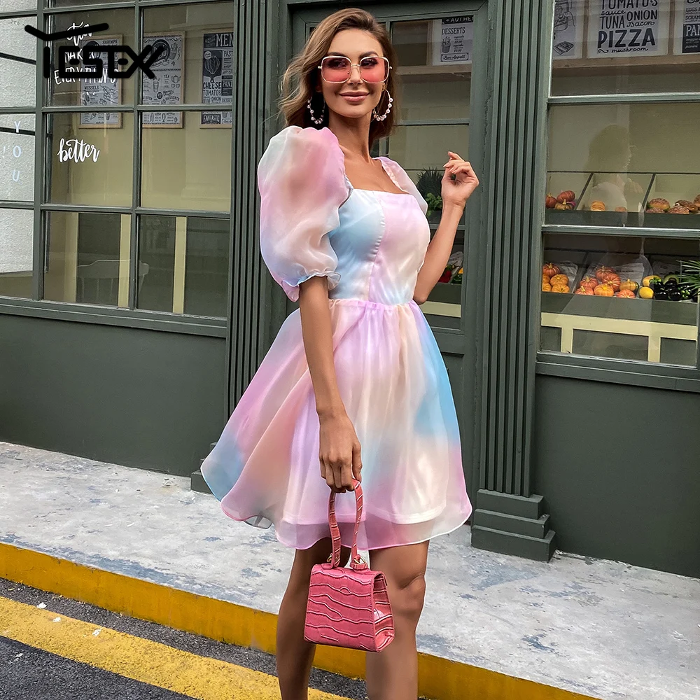 

Yesexy 2021 Puff Sleeve Sexy Backless Women Casual Dress Colorful A-line Holiday Beach Dress Summer Female Mini Dresses M01198