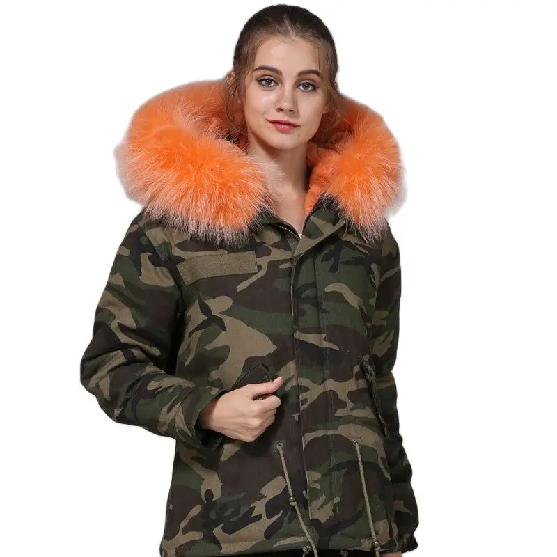 Mhnkro New Arrival Winter Warm Luxury Warm Camouflage Parka Orange Stripe Furs Lined Mrs Short High Quality Parka Wear