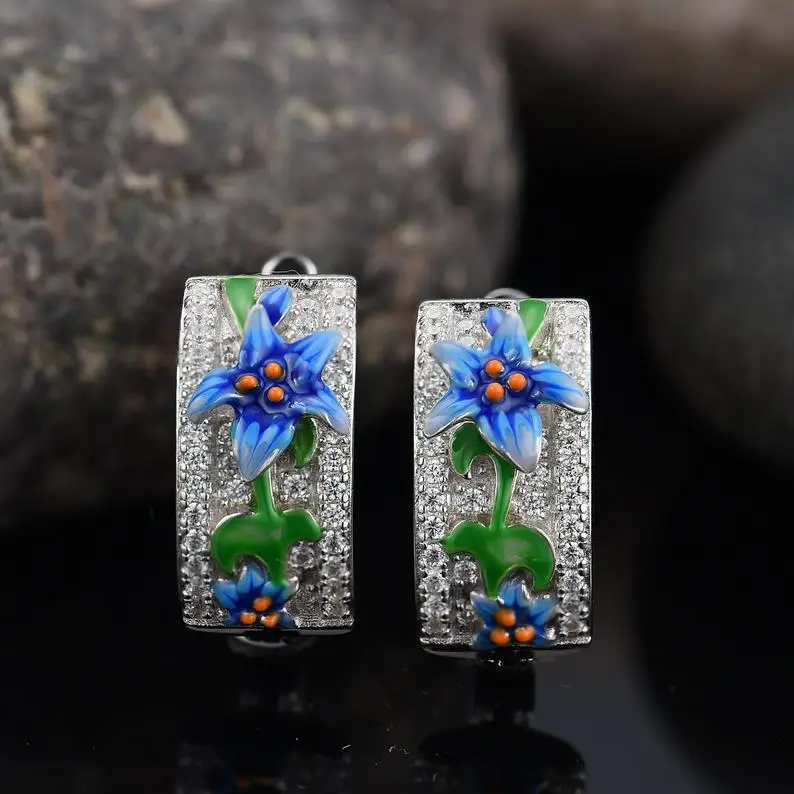 Модные серебряные серьги для женщин красивые цветочные Эмалевые Серьги клипсы с