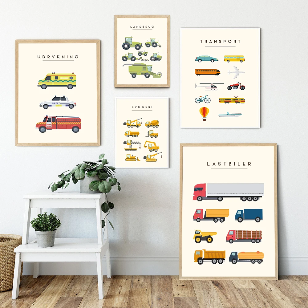 

Cartoon Toy Transport Car Posters Print Boy Car Fire Truck Canvas Painting Nursery Nordic Wall Art Pictures For Kids Room Decor