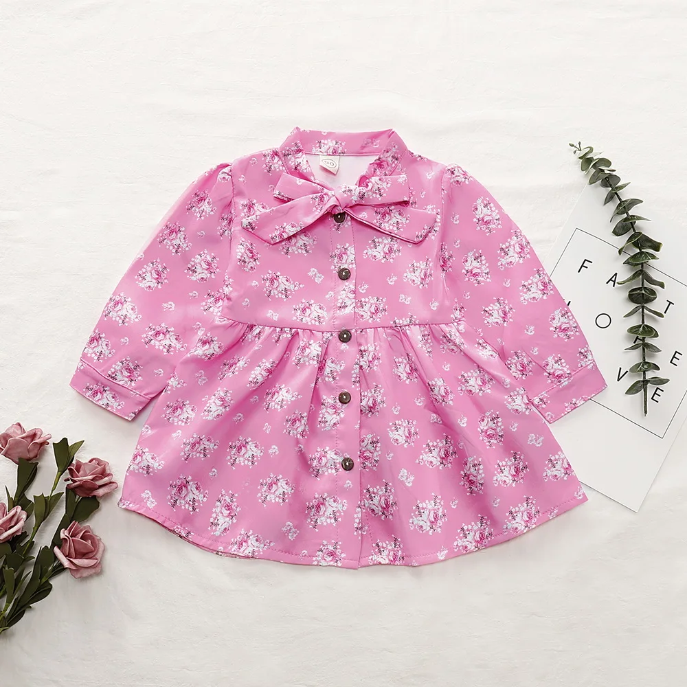 Children Girl Dress Long Sleeve Floral Printed 1-6 Years Toddler Shirt Pink Button Autumn Kids D30 | Детская одежда и обувь