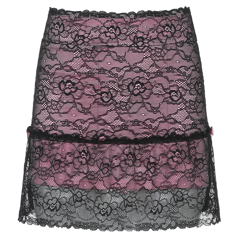 

Woman Vintage Lace Skirt Harajuku Kawaii e girl Mall Goth y2k Clothes 90s 2000s Aesthetic A-line Sexy Pink y2k Skort Skirt