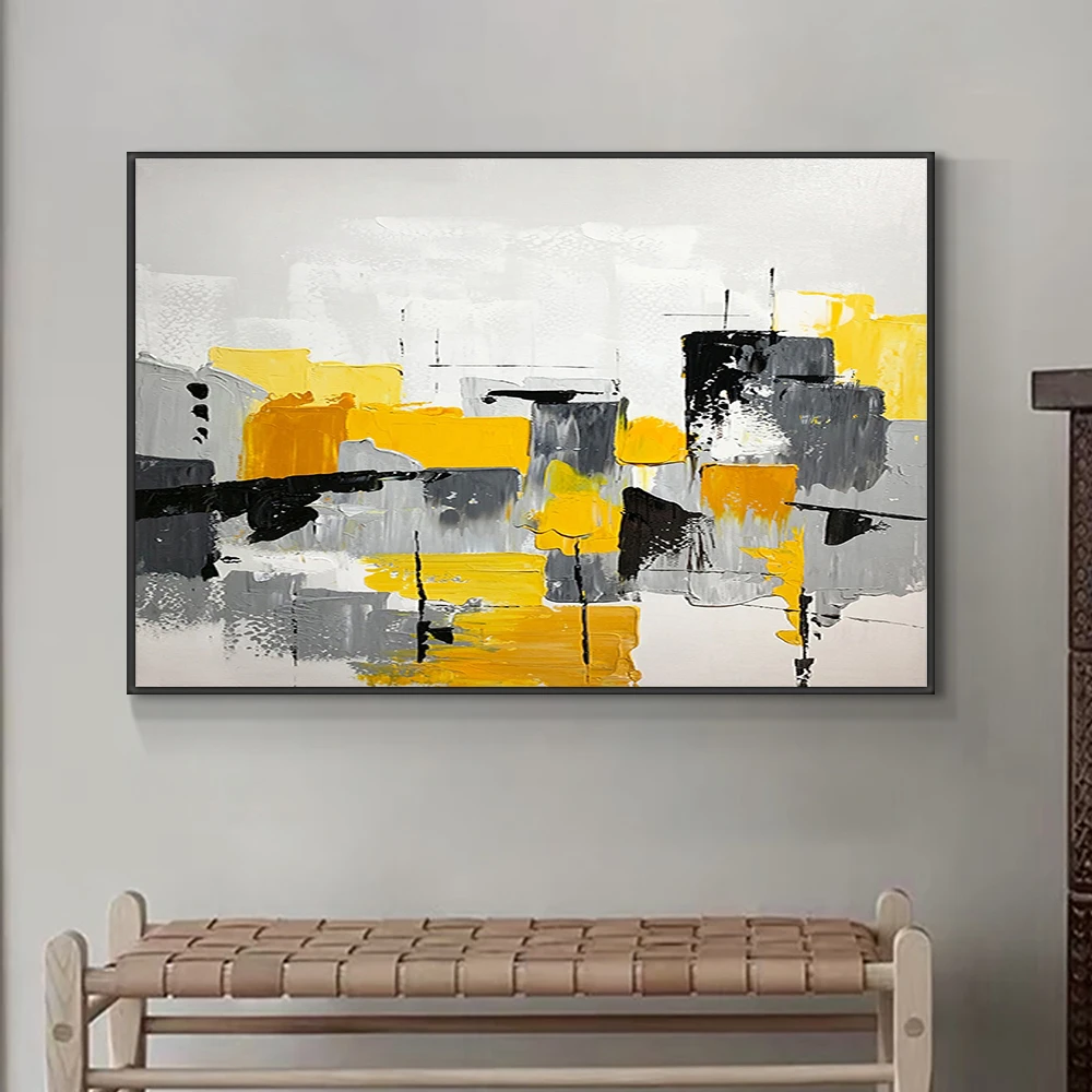 

Abstract Geometric Yellow Gray Oil Painting 100% Handmade On Canvas Modern Unframed Painting Wall Artwork For House Decoration