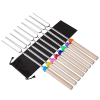 8pcsset barbecue forks wood handle stretchable bbq sticks stainless steel u shape grilling cooking skewers outdoor bbq tools