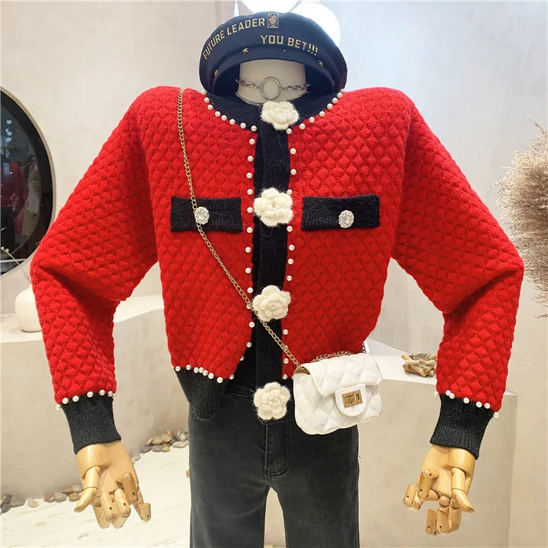 

New Women's clothes 2021 Autumn Winter Fashion temperament rose flower nail bead sweater Party knitted cardigan short coat