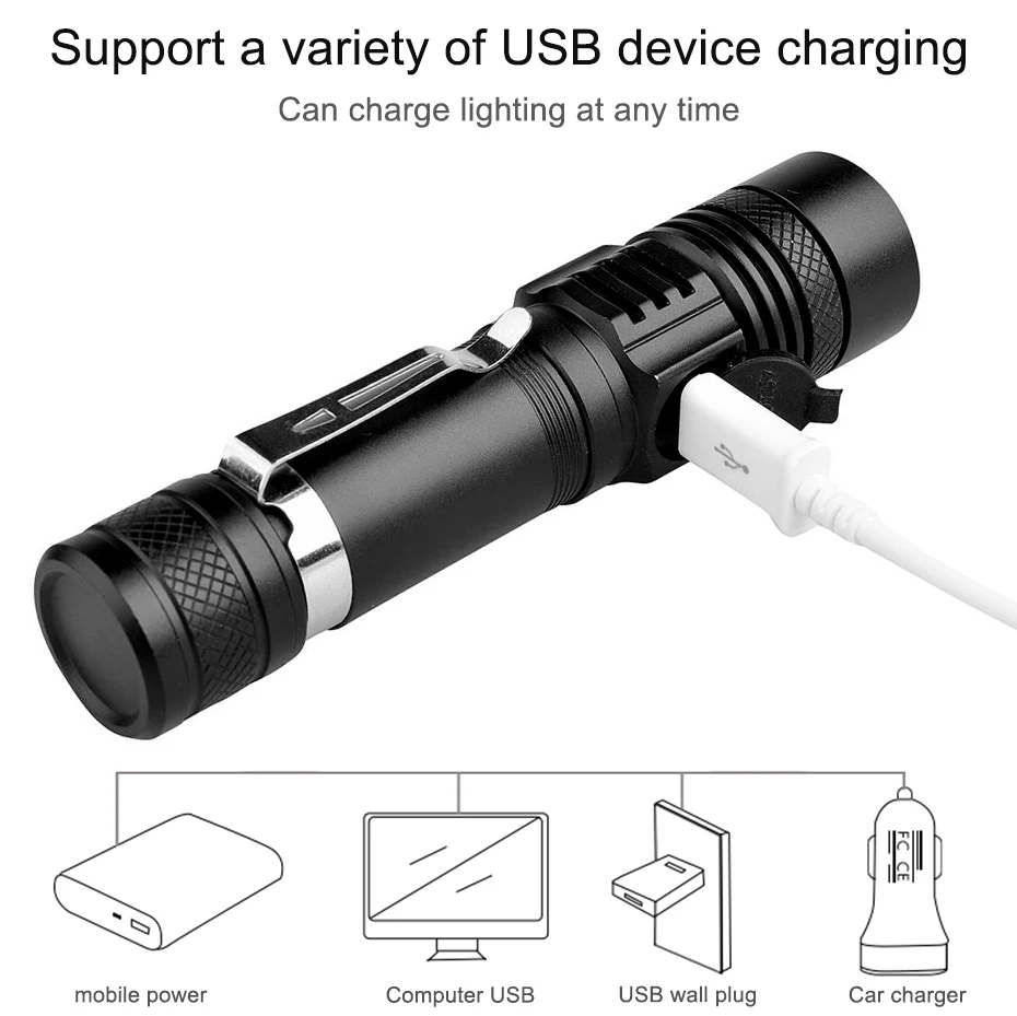 저렴한 강력한 Led 손전등 USB 충전식 줌 토치 T6 LED 손 램프 18650 캠핑 하이킹 작업에 대 한 배터리 플래시 빛 사용