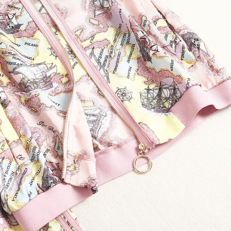 

Women Summer Suit Runway Designers 2020 Fashion Lady Outfits Short Sleeve Retro Print Zipper Top and Pants 2Pcs Matching Sets