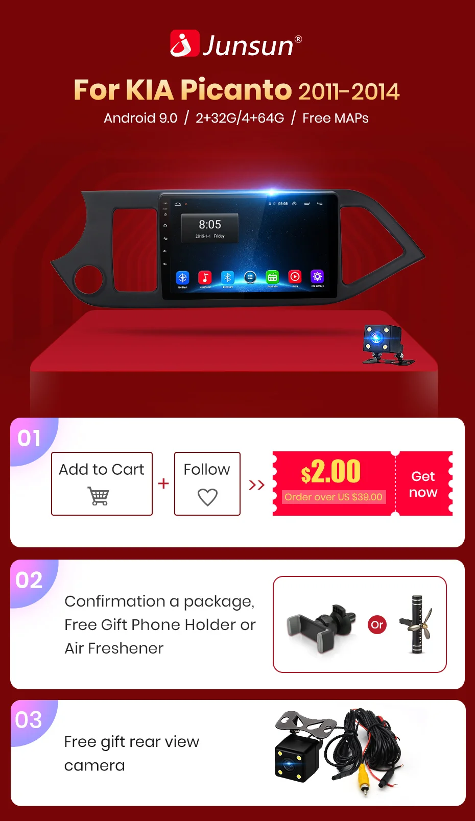 Junsun V1 2G+ 32G Android 9,0 для KIA Picanto 2011- Автомобильный Радио Мультимедиа Видео плеер навигация gps 2 din dvd