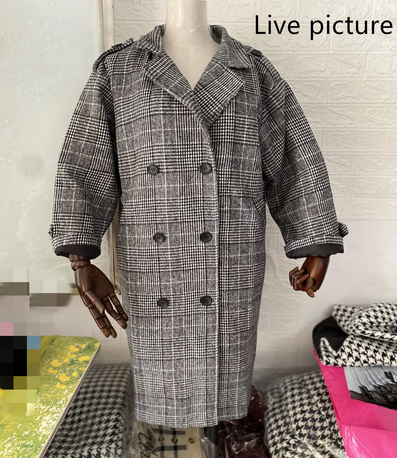 Женское шерстяное пальто в клетку длинное Свободное Корейском стиле для