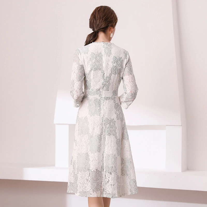 

New Elegant Vintage Fashion Women Embroidery Lace Slim Tunic Dress Lady Long Sleeve Dresses Evening Party Clothing