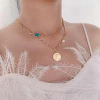 origin summer double layer coin medallion pendant necklace for women girls gold simulation pearl chain vintage necklace jewelry