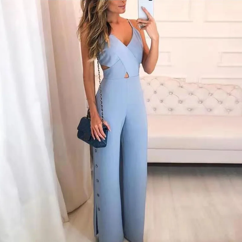 

Women Elegant Workwear Jumpsuits Sleeveless Hollow Out Overalls Sexy Crisscross Spaghetti Strap V-Neck Button Slit Side Jumpsuit