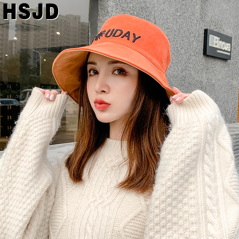 Women‘s Hats Autumn Winter Double-sided Bucket Hat Wide Brim Foldable Fashion Letter Embroidery Fisherman Hat Female Cap Gorras