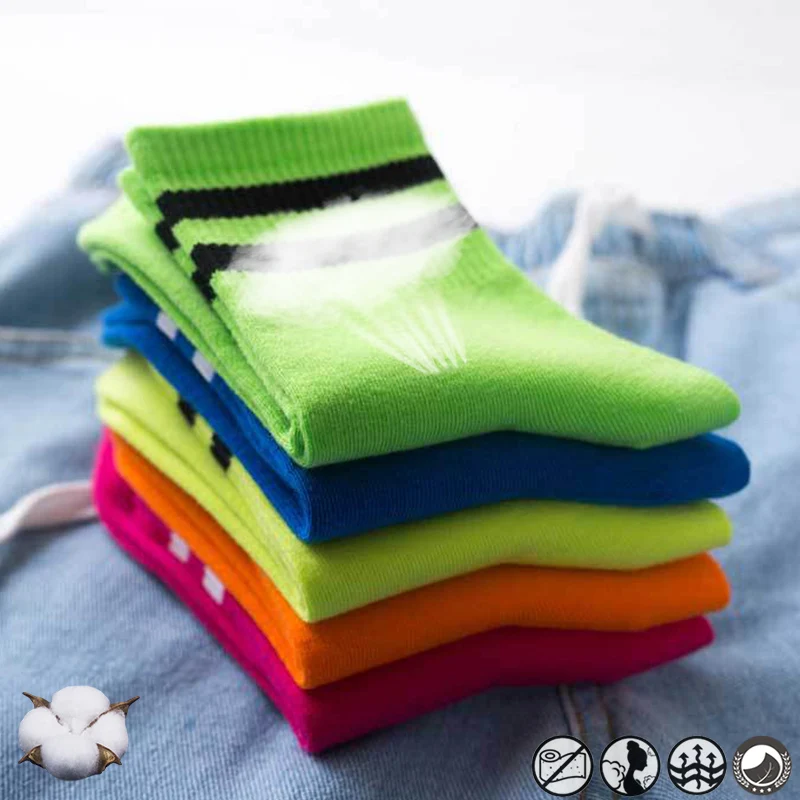 

FINETOO Fashion Women's Long Socks Fluorescent Color Women College Style Stripes Sock Cotton Kawaii Cute Crew Socks Casual Sock
