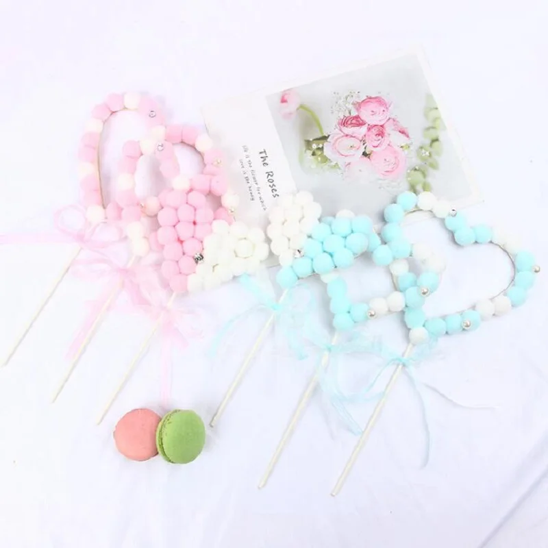 Дизайн сердца Мех Шар Торт Топперы баннер Красочные для фруктов обертка кексов