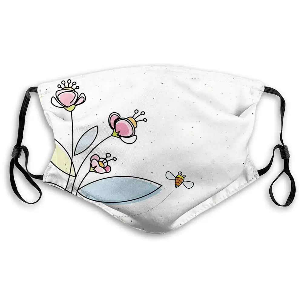 

Windproof Activated Carbon mask,Flower Pot with Blossoms Leaves and Bees Flying Around Summer Season Inspirational,Facial