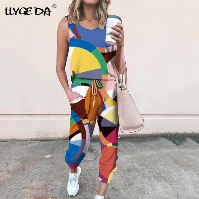 

Sleeveless Multicolor printing Two Piece Set Women's Tracksuit O-neck T-shirt Drawstring waist trousers 2021 Summer Woman Sets