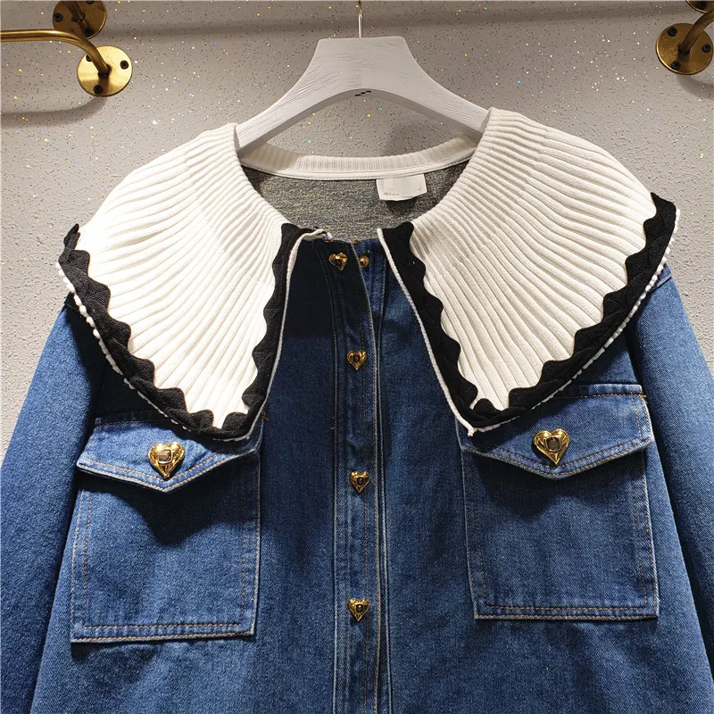 VANOVICH European and American White Lotus Leaf Collar Stitching Casual Denim Shirt 2022 Spring Autumn New Womens Tops | Женская одежда
