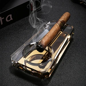 COHIBA Cigar Gadgets Crystal Cigar Ashtray Single Cigar Holder Round Ash Slot 4 Colors Tobacco Cigarette Ashtray Gift Box