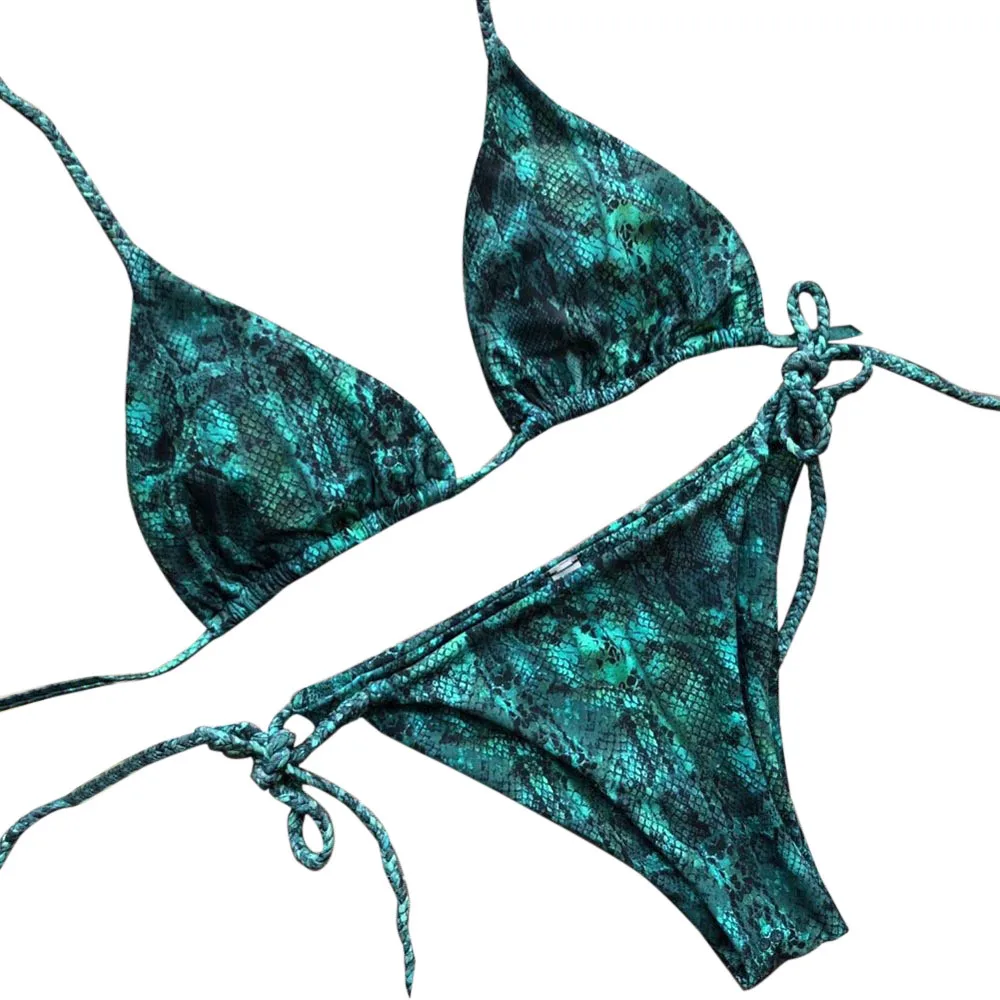 

Women Bikinis Suit Serpentine Print Green Bikini Push-Up Paddedbandage Swimwear Beachwear Print Swimsuit Cover 2020 Biquini
