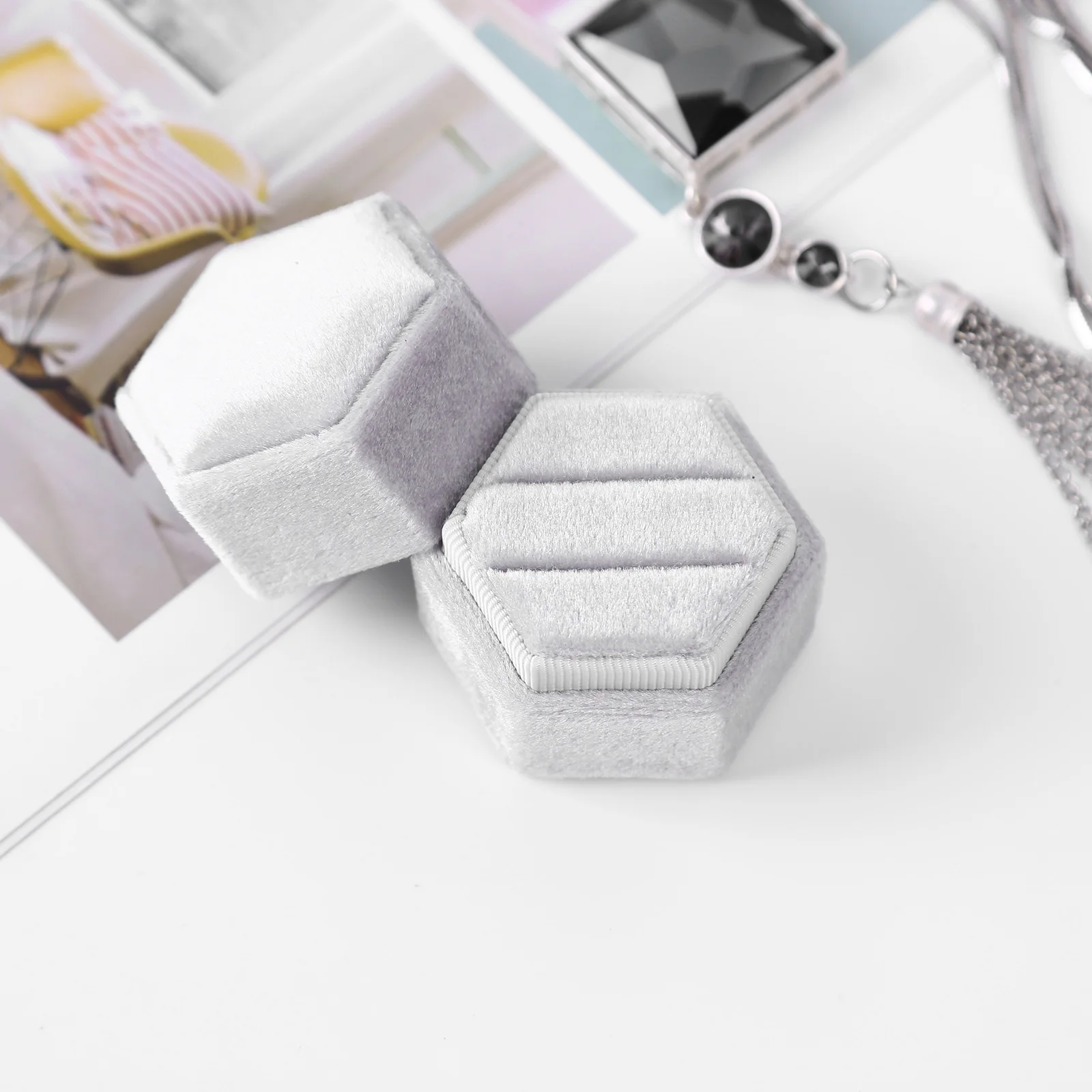 Шестигранная бархатная шкатулка для ювелирных колец обручальное кольцо коробка