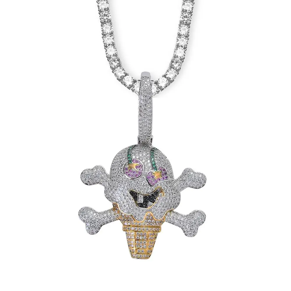 Newest Hip Hop Jewelry Gold Silver Double Color Iced Out Zircon Stone Ice Cream Pirate Pendant Mens Necklace Joyas Bling jewelry | Украшения