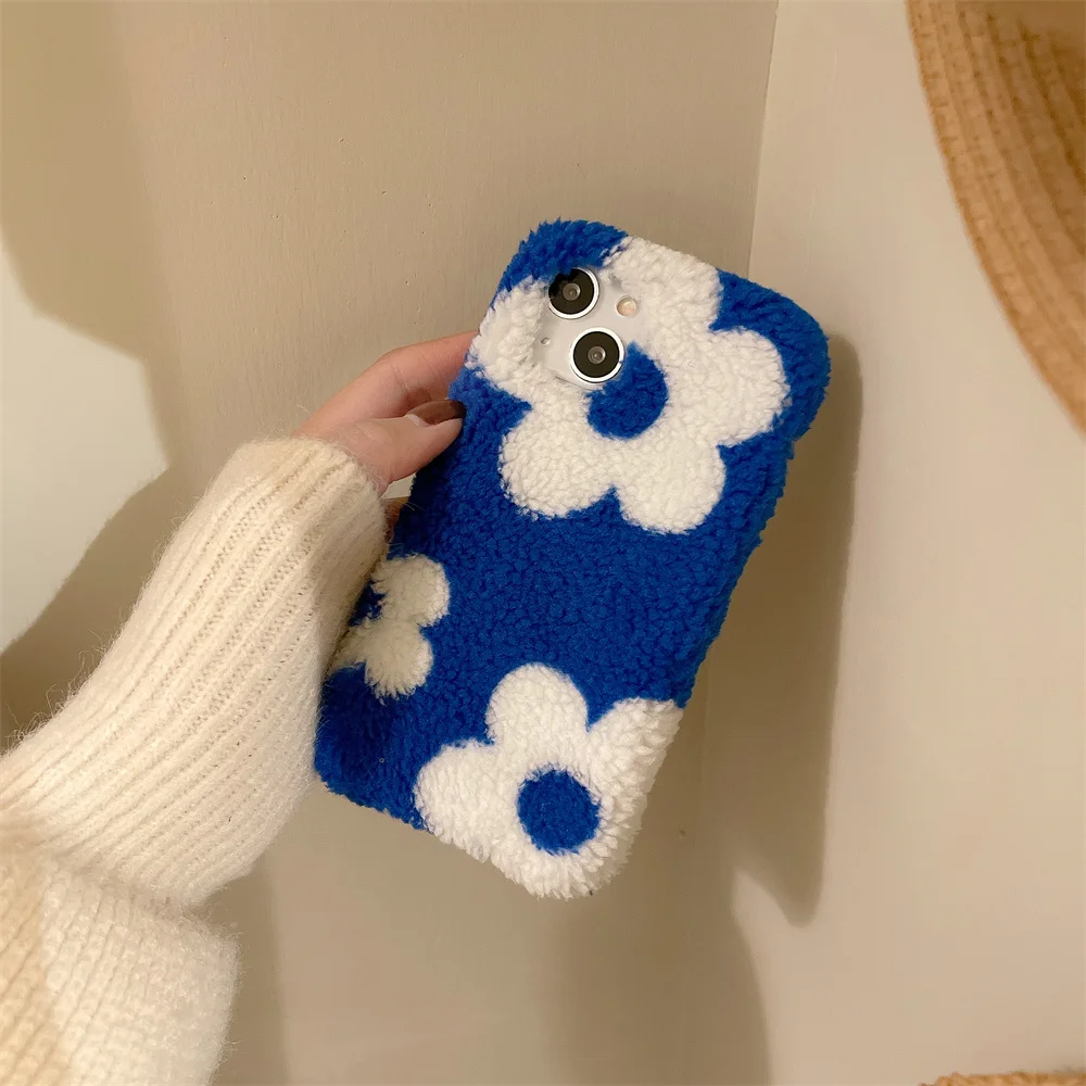 

Korean Aesthetic Fuzzy Plush Flower Phone Case For iPhone 11 12 13 Pro XS Max X XR 7 8 Plus Winter Soft Shockproof Back Cover