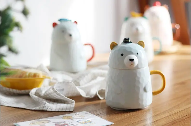 cute bear ceramic cup with cover cartoon big belly office coffee mug gift
