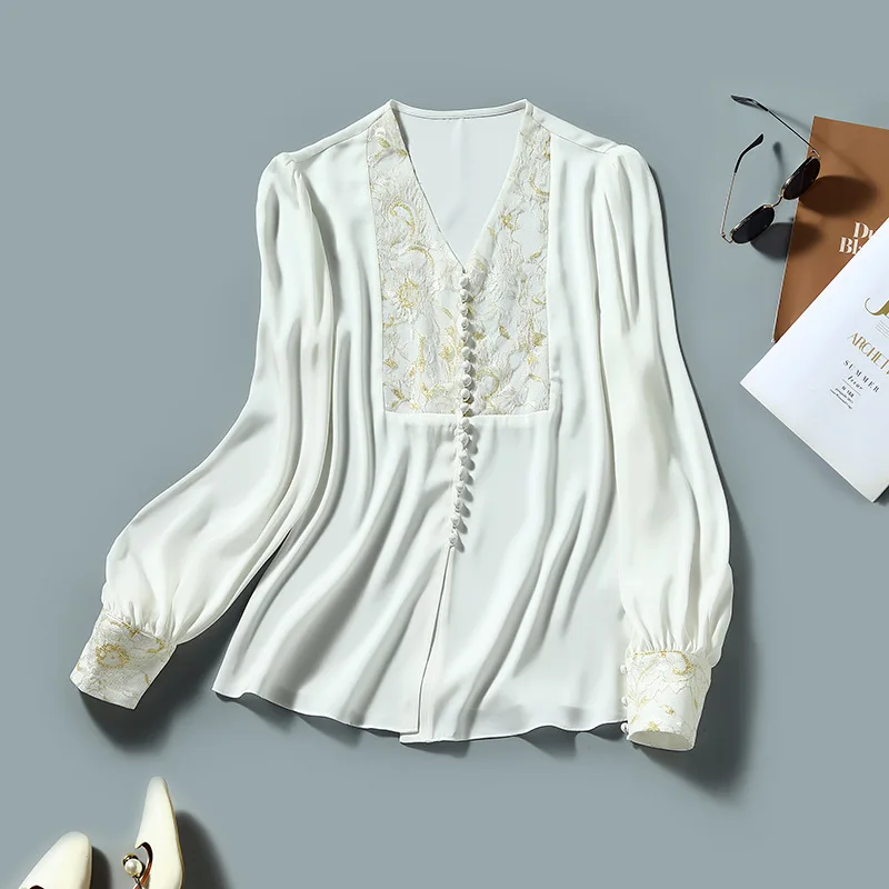 

European and American women's wear spring 2022 new Long-sleeved v-neck Bud silk joining together Fashionable silk shirt