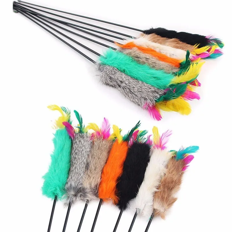 

Colorful Rabbit Hair Feather Cat Teaser Elastic Plastic Long Pole Cats Stick Funny Pet Favorite Interactive Training Toys