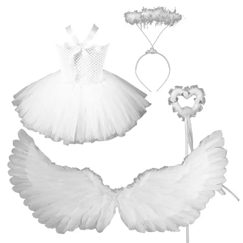 

Toddler Baby Girls Angel Costume Set White Sleeveless Tutu Dress Faux Feather Wings Halo Headband Fairy Wand Role Play