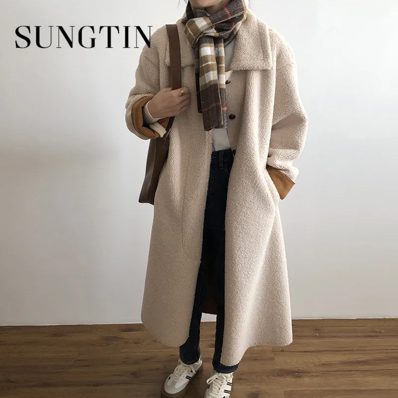 Sungtin длинные оверсайз куртки из овечьей шерсти пальто для женщин Зимняя Теплая