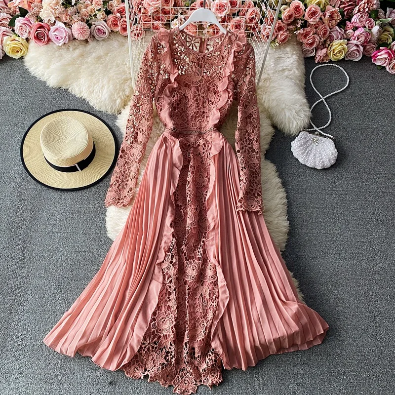 

French Girl Gentle Wind Long Dresses Chic Fairy Sweet Lace Stitched Chiffon Fairy Skirt Pleated Dress for Party Club Night