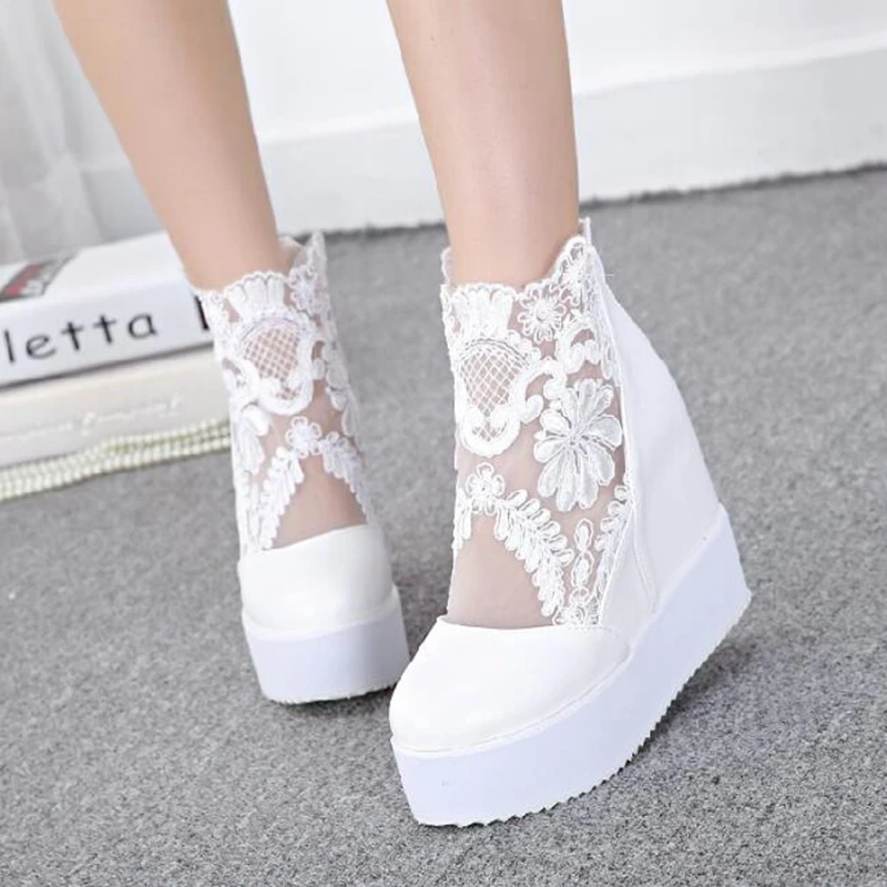 

Black Hollow high heel Fashion Sweet Lace Roman Shoes Women Wedge Heels White Platform Pumps High Heels Non-slip thick bottom