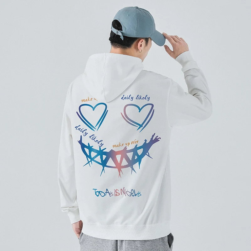 

Spring Autumn Men Hoodie Tide Brand Loose National Tide Smiling Face Solid Cotton Colorful Long Sleeve Sweatshirts Plus Size