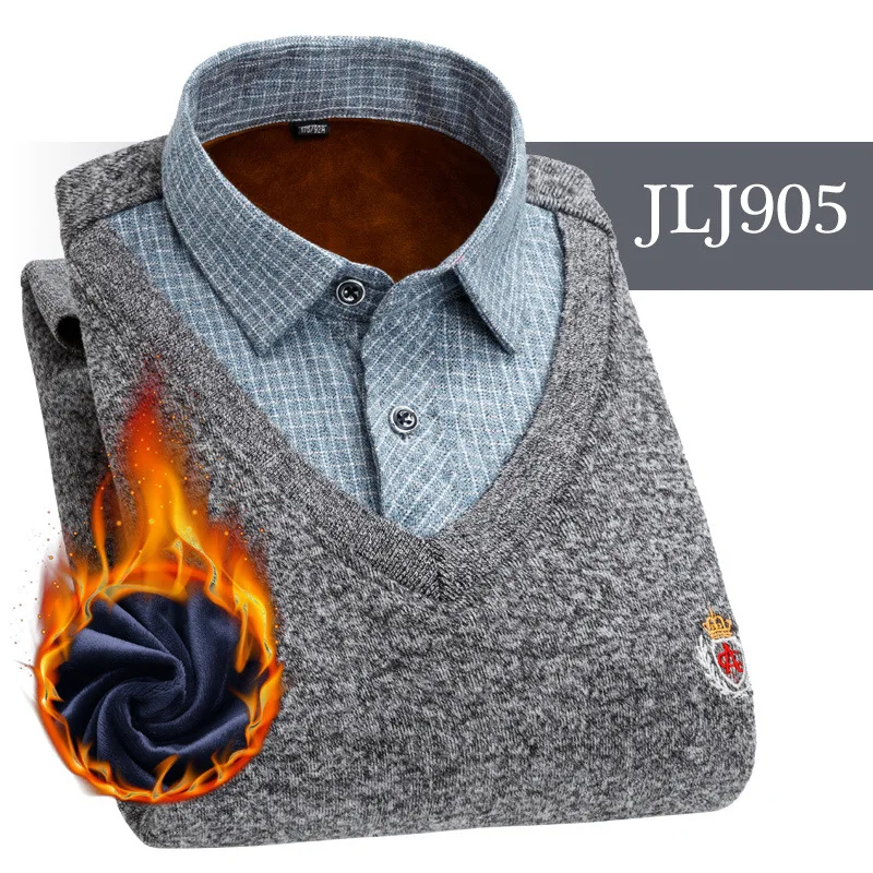 JLJ905 Мужская одежда, рубашки с вышивкой, в полоску, макет, из двух частей, платье, рубашка, имитация двойки, длинный рукав, толстый бархат, свитер, рубашки - Цвет: JLJ905