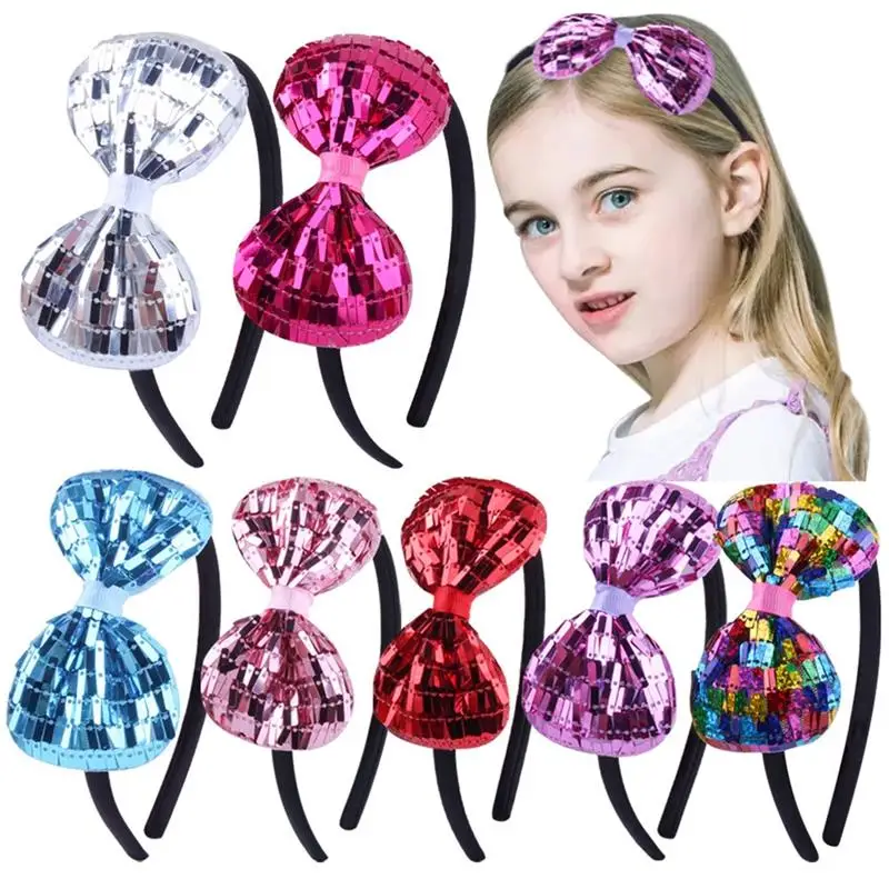 

7PCS New Colorful Sequin Bows Hair Hoop Solid Hairband Headwraps Handmade Kids Girls Baby Headwear Bands Hair Accessoies