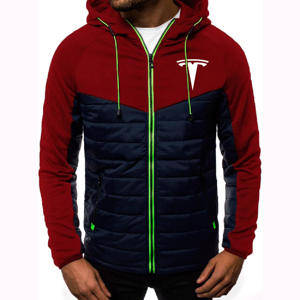 

New Autumn Men Parka Cotton Padded Tesla Car Logo Male Splice Color Man Zipper Coat Print Winter Warm Sportwear Jackets