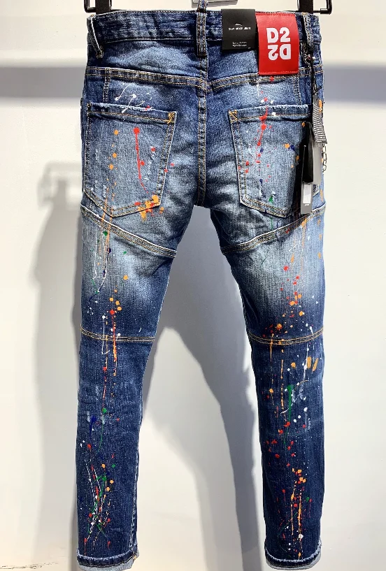 

Classic Fashion Famous Designer women/Men Straight Dark Blue Color Printed Mens Jeans Ripped Jeans,100% Cotton A352