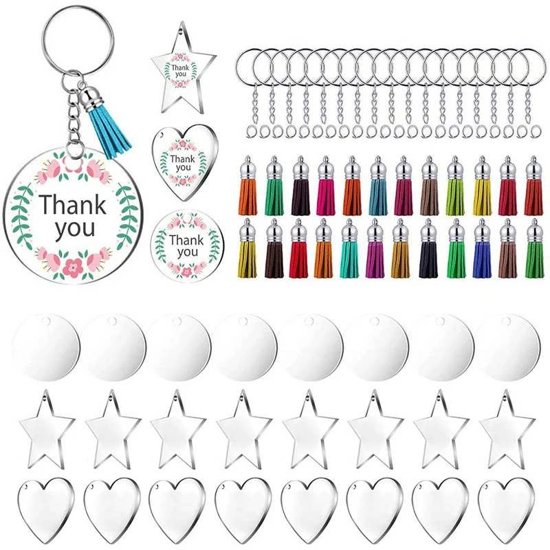 

72 Pieces Acrylic Transparent Discs,Blanks Charms and Tassel Pendants, Keyring with Chain for DIY Crafts Jewelry Making