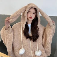 2021 sweet female bunny ear hoodies oversized loose zip up sweatshirt women long sleeve rabbit hooded winter warm sweatsuit